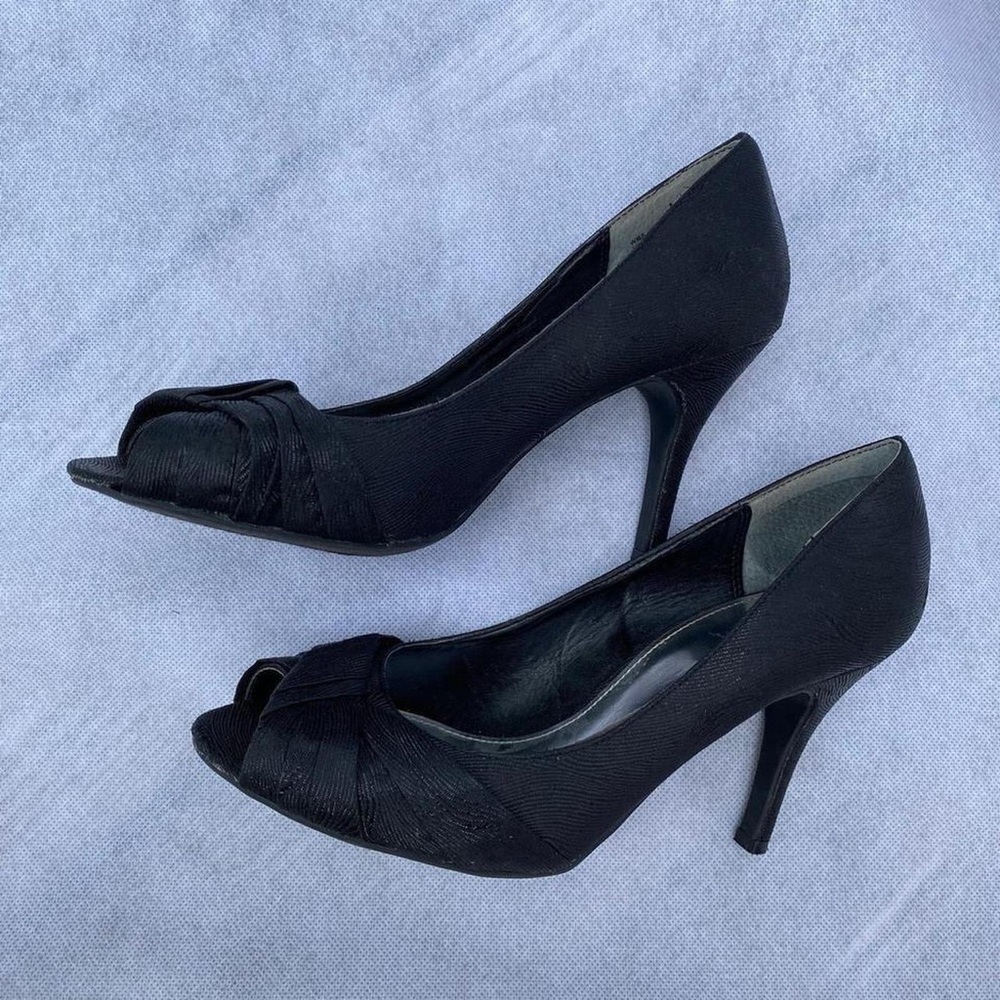 Black Peep-Toe Stiletto Heels with Bow Detail